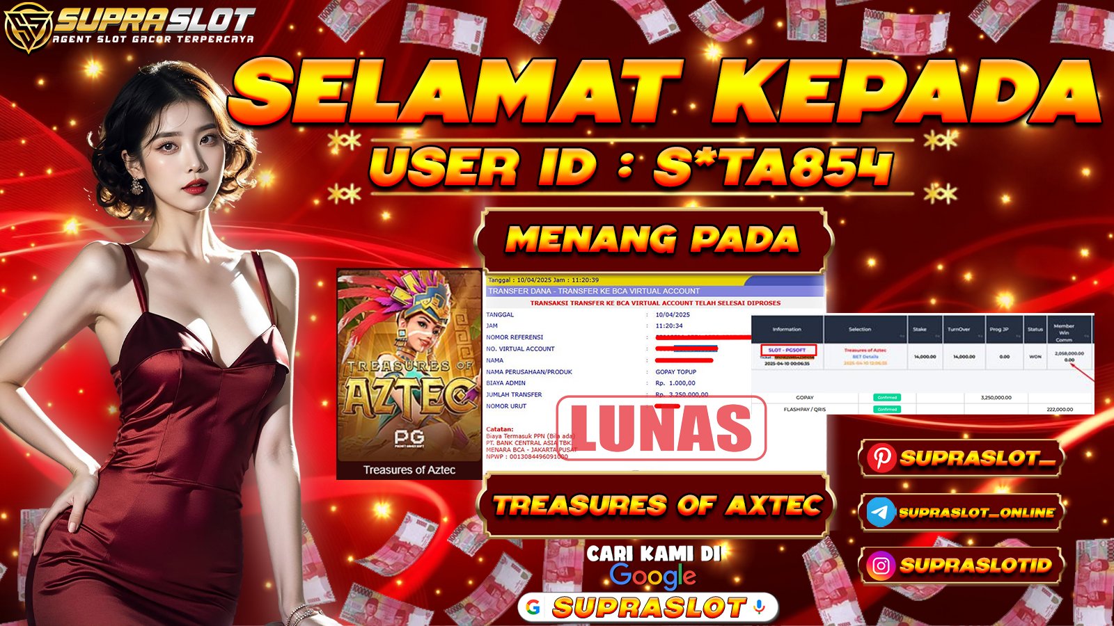 SUPRASLOT MENANG di SLOT TREASURES OF AXTEC Rp.3.250.000,- LUNAS
