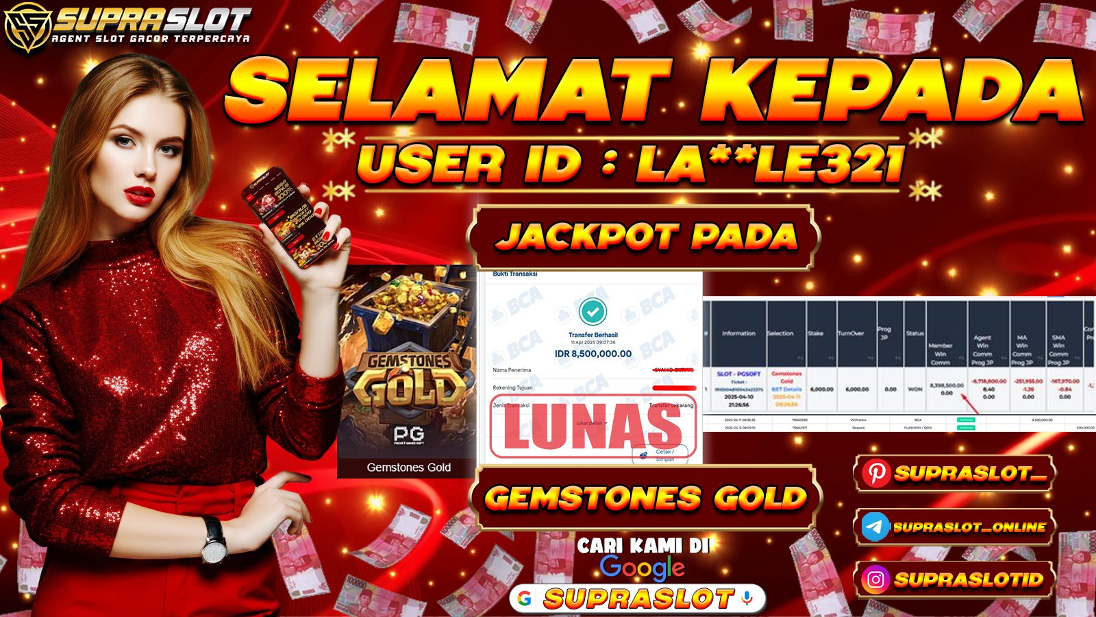 SUPRASLOT JACKPOT di SLOT GEMSTONES GOLD Rp.8.500.000,- LUNAS