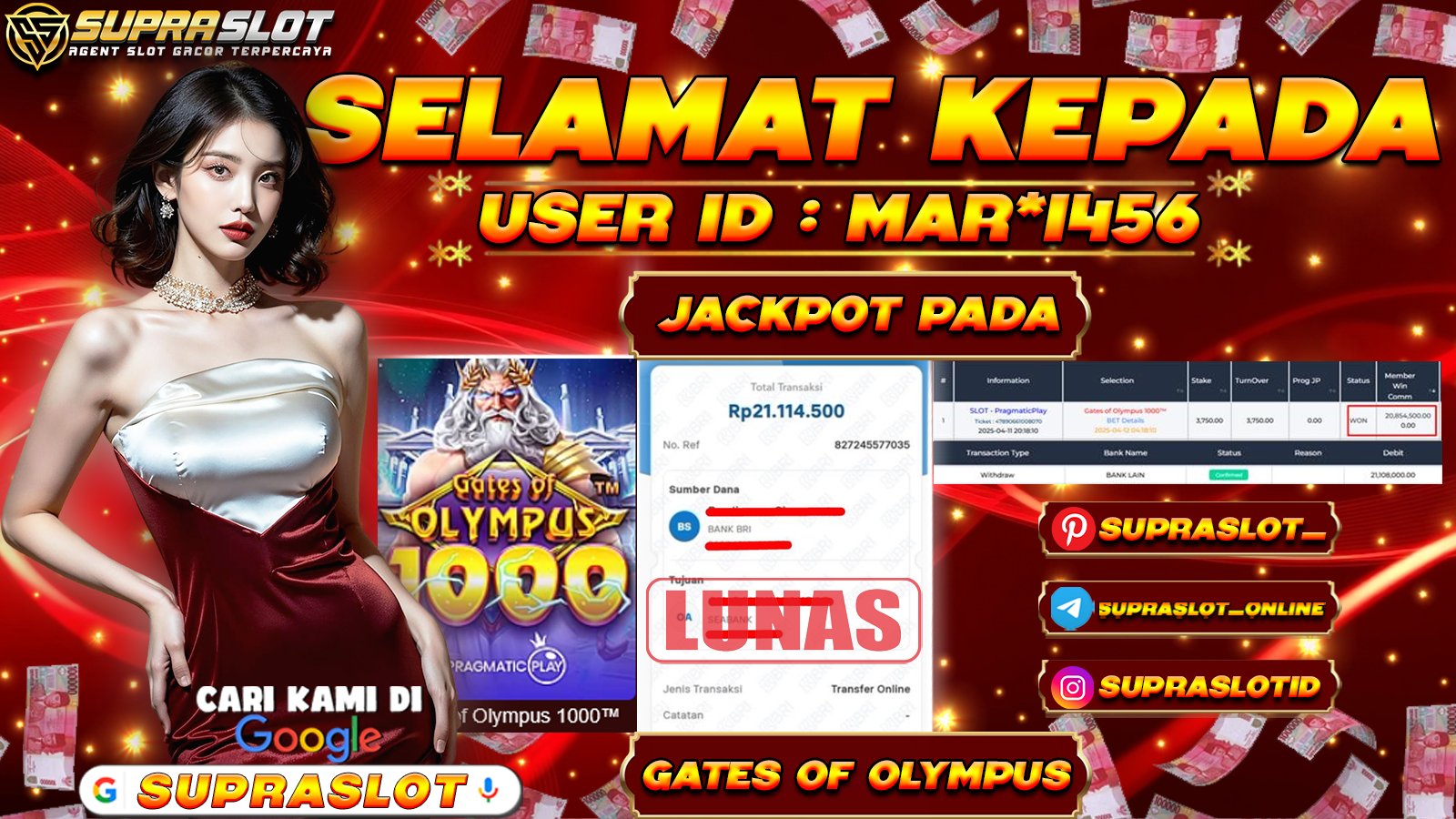 SUPRASLOT JACKPOT di SLOT GATES OF OLYMPUS Rp.21.114.000,- LUNAS