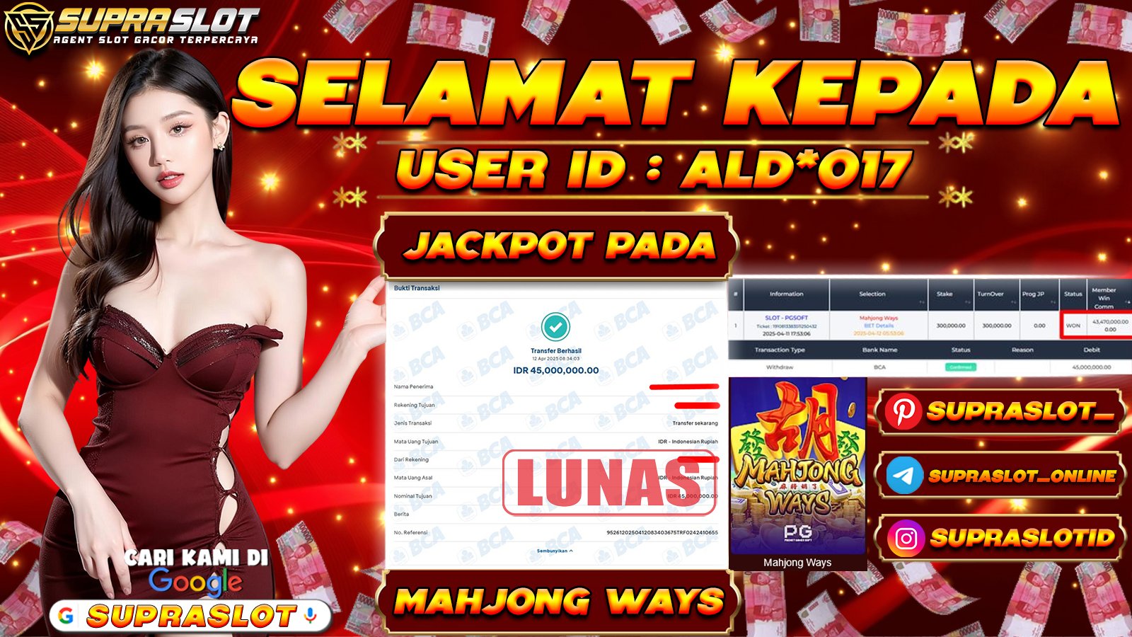 SUPRASLOT JACKPOT di SLOT MAHJONG WAYS Rp.45.000.000,- LUNAS