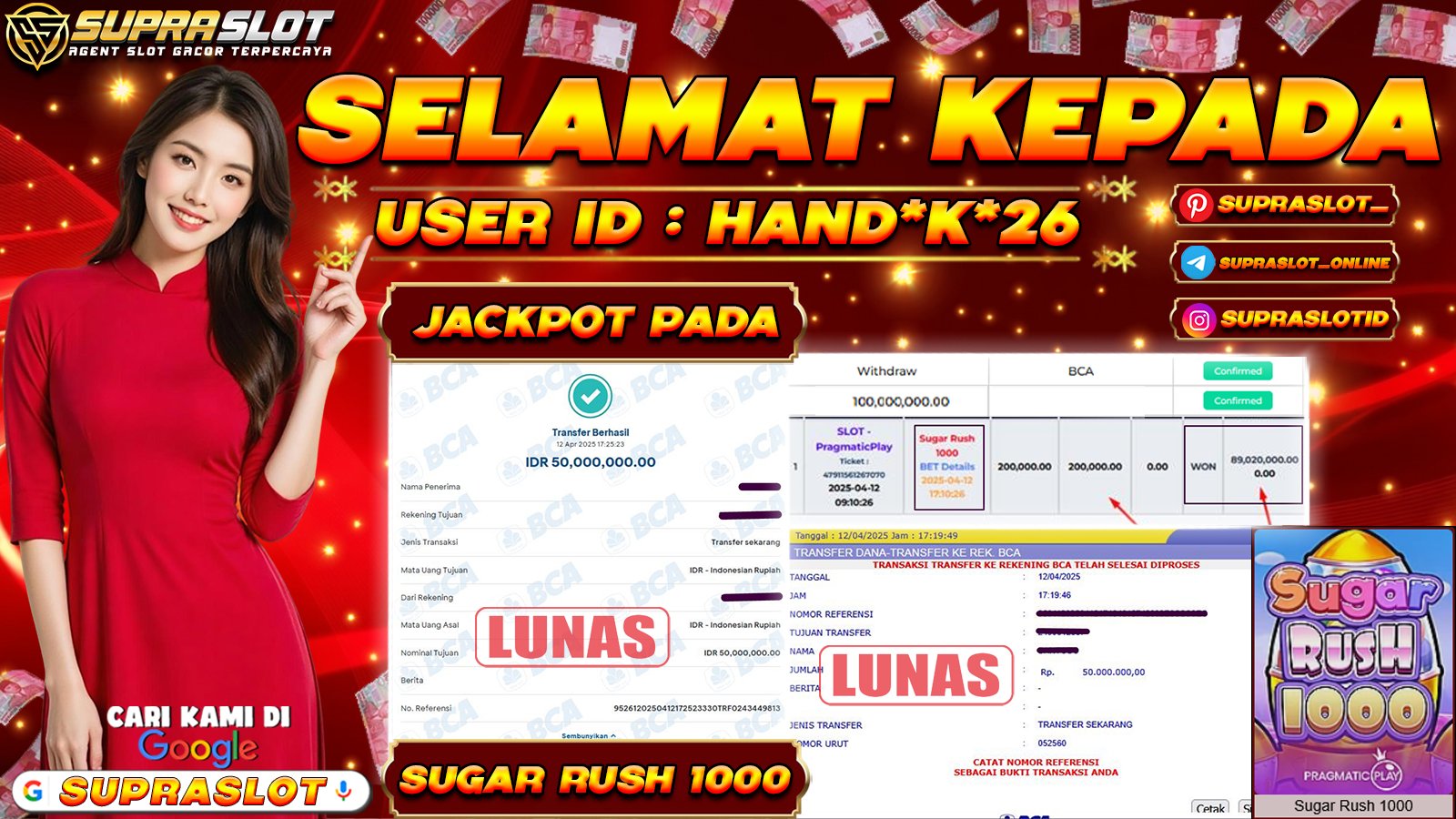 SUPRASLOT JACKPOT di SLOT SUGAR RUSH 1000 Rp.100.000.000,- LUNAS