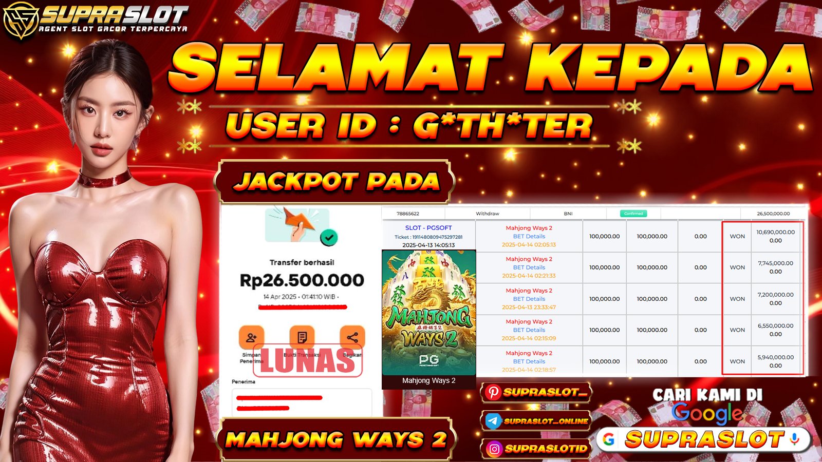 SUPRASLOT JACKPOT di SLOT MAHJONG WAYS 2 Rp.26.500.000,- LUNAS