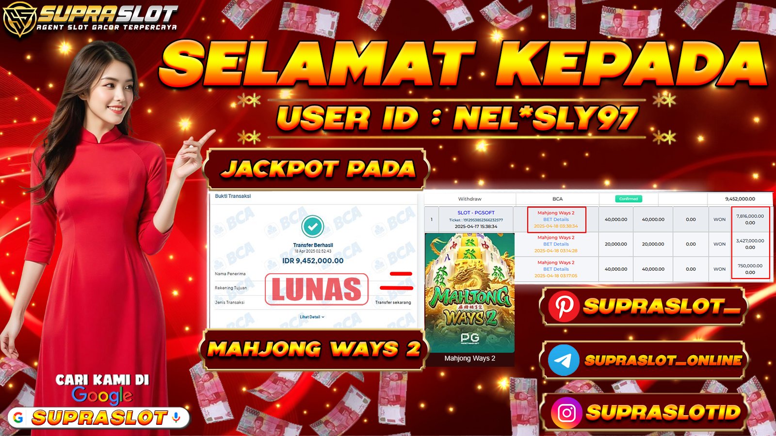 SUPRASLOT JACKPOT di SLOT MAHJONG WAYS 2 Rp.9.452.000,- LUNAS