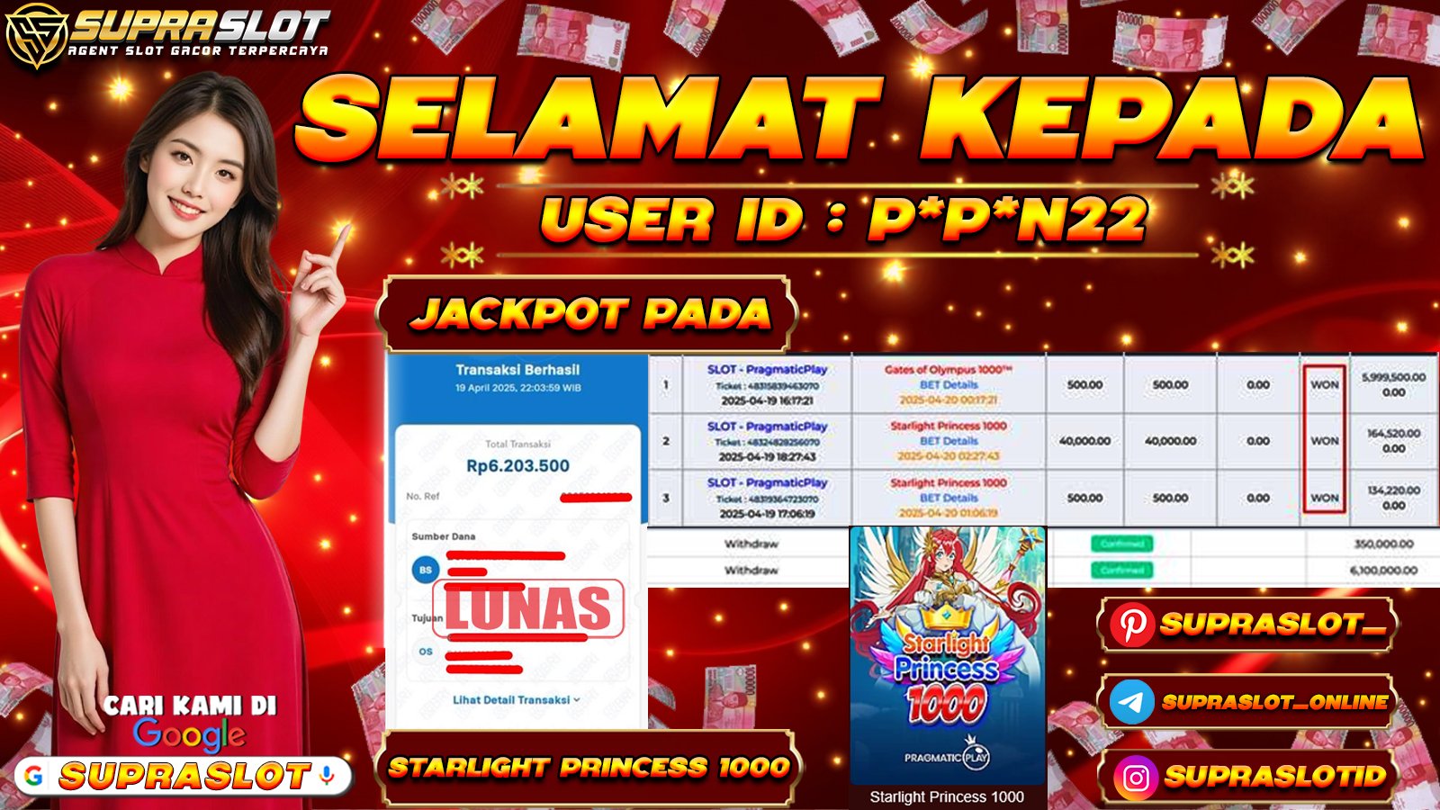 SUPRASLOT JACKPOT di SLOT STARLIGT PRINCESS 1000  Rp.6.203.500,- LUNAS