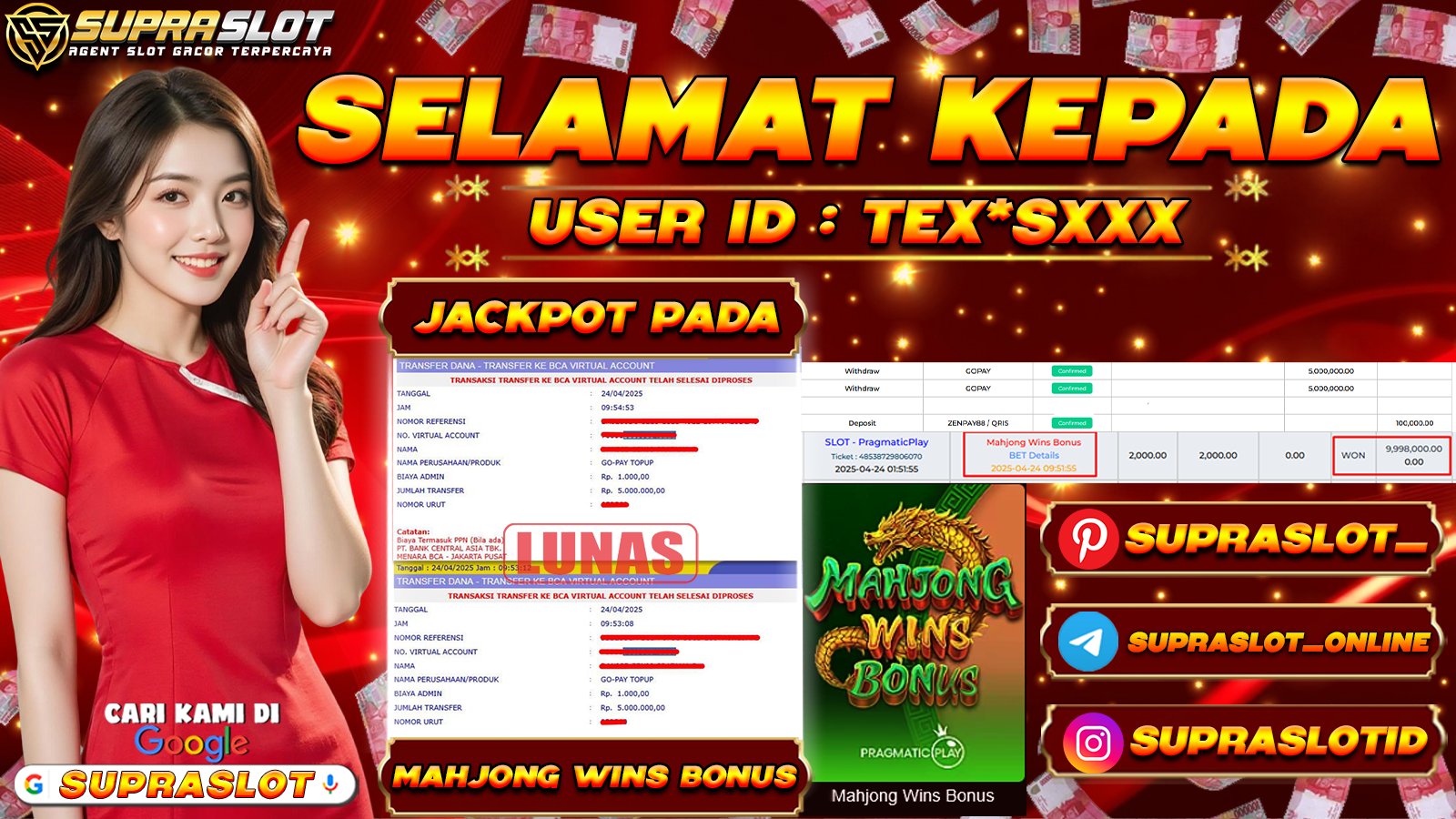 SUPRASLOT JACKPOT di SLOT MAHJONG WAYS BONUS Rp.10.000.000,- LUNAS