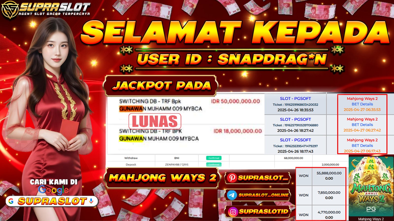 SUPRASLOT JACKPOT di SLOT MAHJONG WAYS 2 Rp.68.000.000,- LUNAS