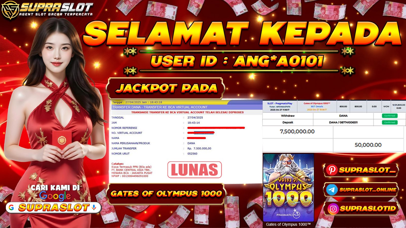 SUPRASLOT JACKPOT di SLOT GATES OF OLYMPUS 1000 Rp.7.500.000,- LUNAS