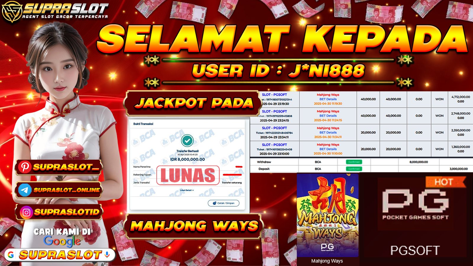 SUPRASLOT JACKPOT di SLOT MAHJONG WAYS Rp.8.000.000,- LUNAS