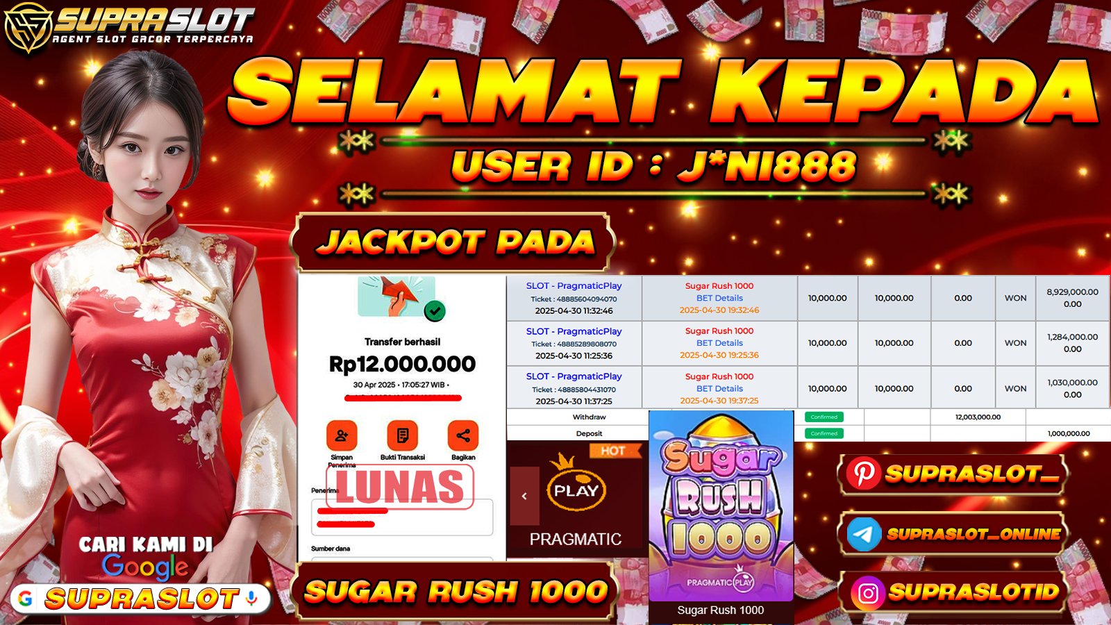 SUPRASLOT JACKPOT di SLOT SUGAR RUSH 1000 Rp.12.000.000,- LUNAS