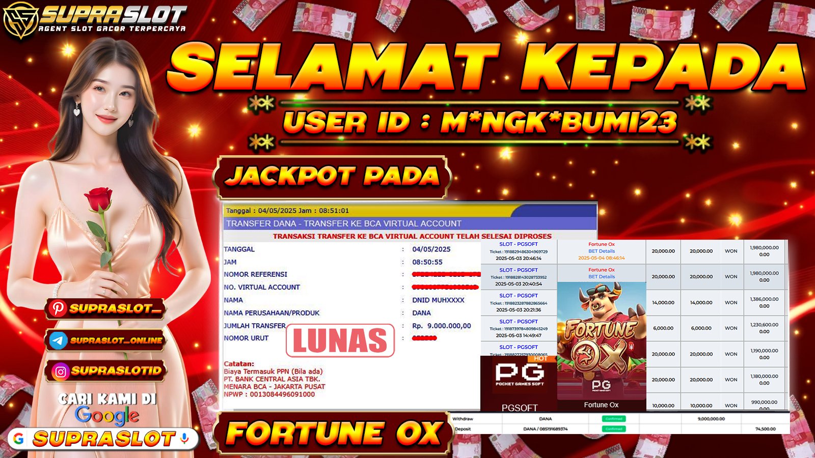 SUPRASLOT JACKPOT di SLOT FORTUNE OX Rp.9.000.000,- LUNAS