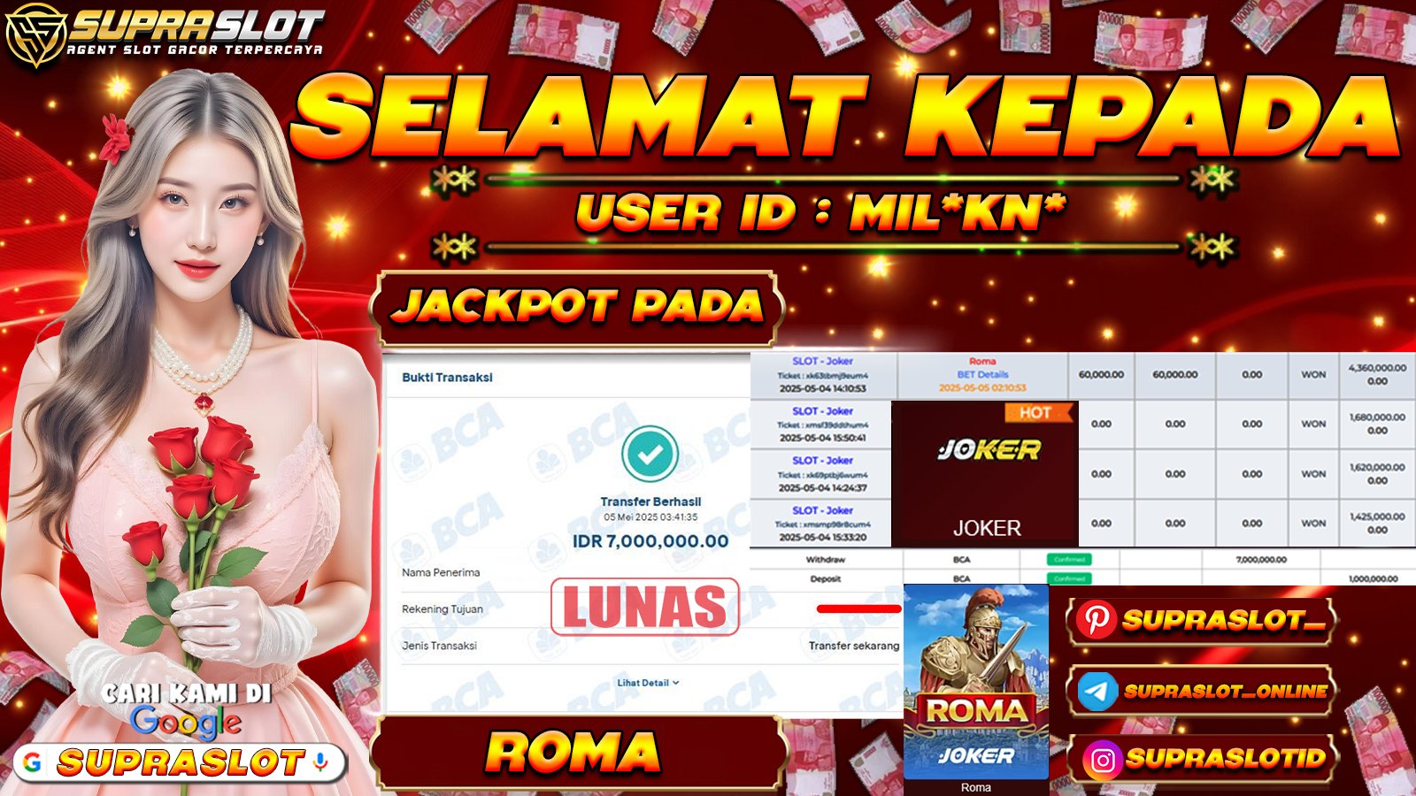 SUPRASLOT JACKPOT di SLOT JOKER-ROMA  Rp.7.000.000,- LUNAS