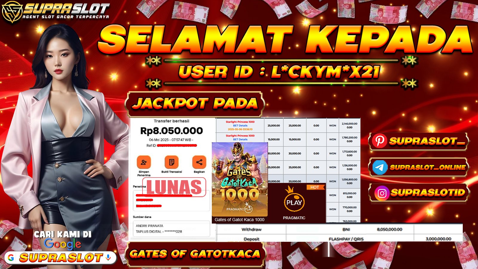 SUPRASLOT JACKPOT di SLOT GATES OF GATOTKACA 1000 Rp.8.050.000,- LUNAS