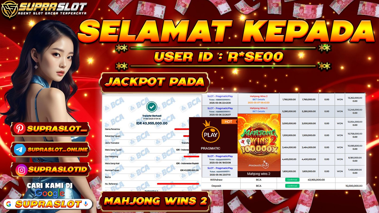 SUPRASLOT JACKPOT di SLOT MAHJONG WINS 2 Rp.45.955.000,- LUNAS
