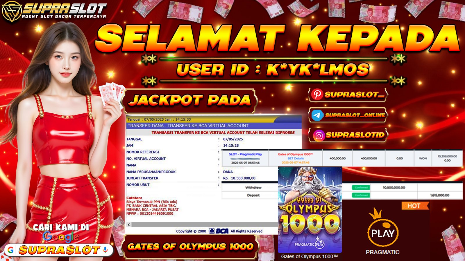 SUPRASLOT JACKPOT di SLOT GATES OF OLYMPUS 1000 Rp.10.500.000,- LUNAS