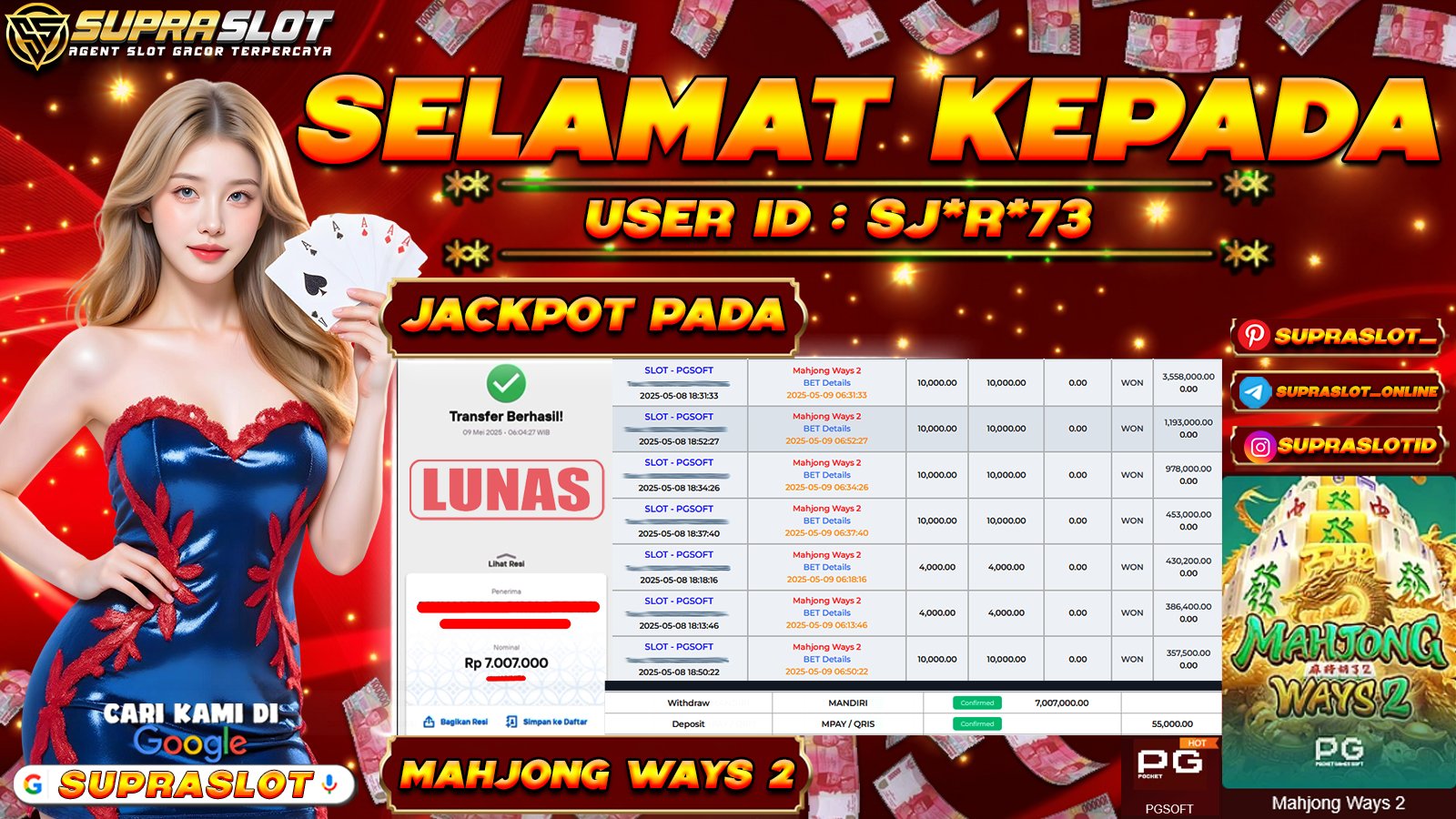 SUPRASLOT JACKPOT di SLOT MAHJONG WAYS 2 Rp.7.007.000,- LUNAS