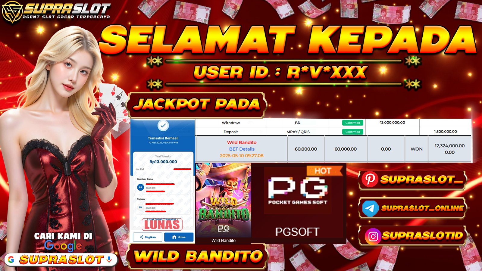 SUPRASLOT JACKPOT di SLOT WILD BANDITO Rp.13.000.000,- LUNAS