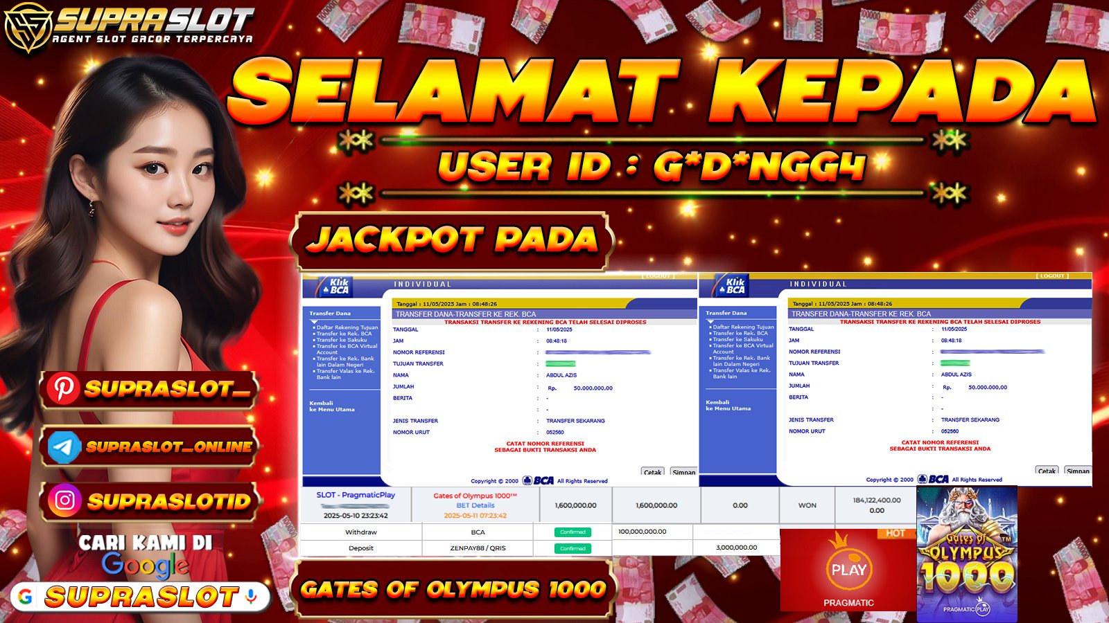 SUPRASLOT JACKPOT di SLOT GATES OF OLYMPUS 1000 Rp.100.000.000,- LUNAS
