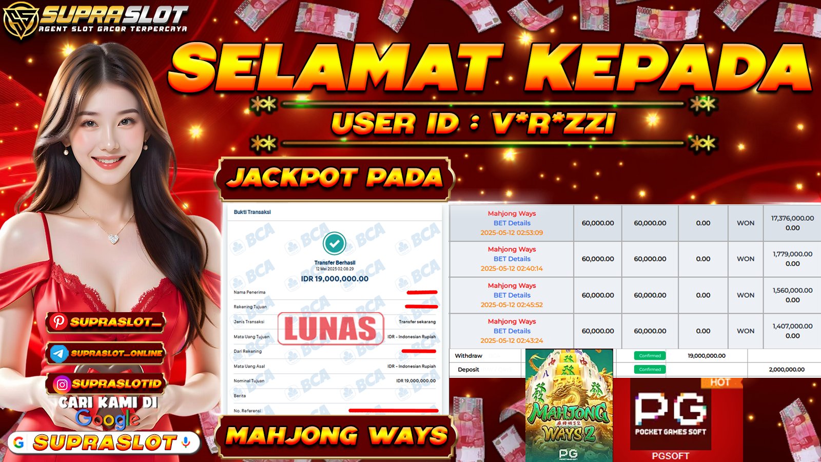 SUPRASLOT JACKPOT di SLOT MAHJONG WAYS Rp.19.000.000,- LUNAS