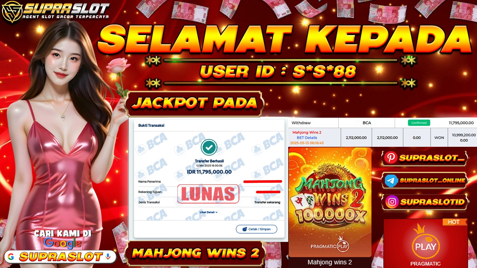 SUPRASLOT JACKPOT di SLOT MAHJONG WINS 2 Rp.11.795.000,- LUNAS