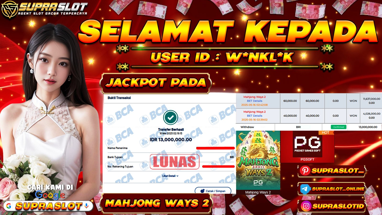 SUPRASLOT JACKPOT di SLOT MAHJONG WAYS 2 Rp.13.000.000,- LUNAS