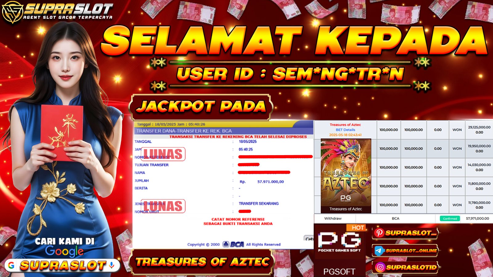 SUPRASLOT MENANG di SLOT TREASURES OF AZTEC Rp.57.971.000,- LUNAS