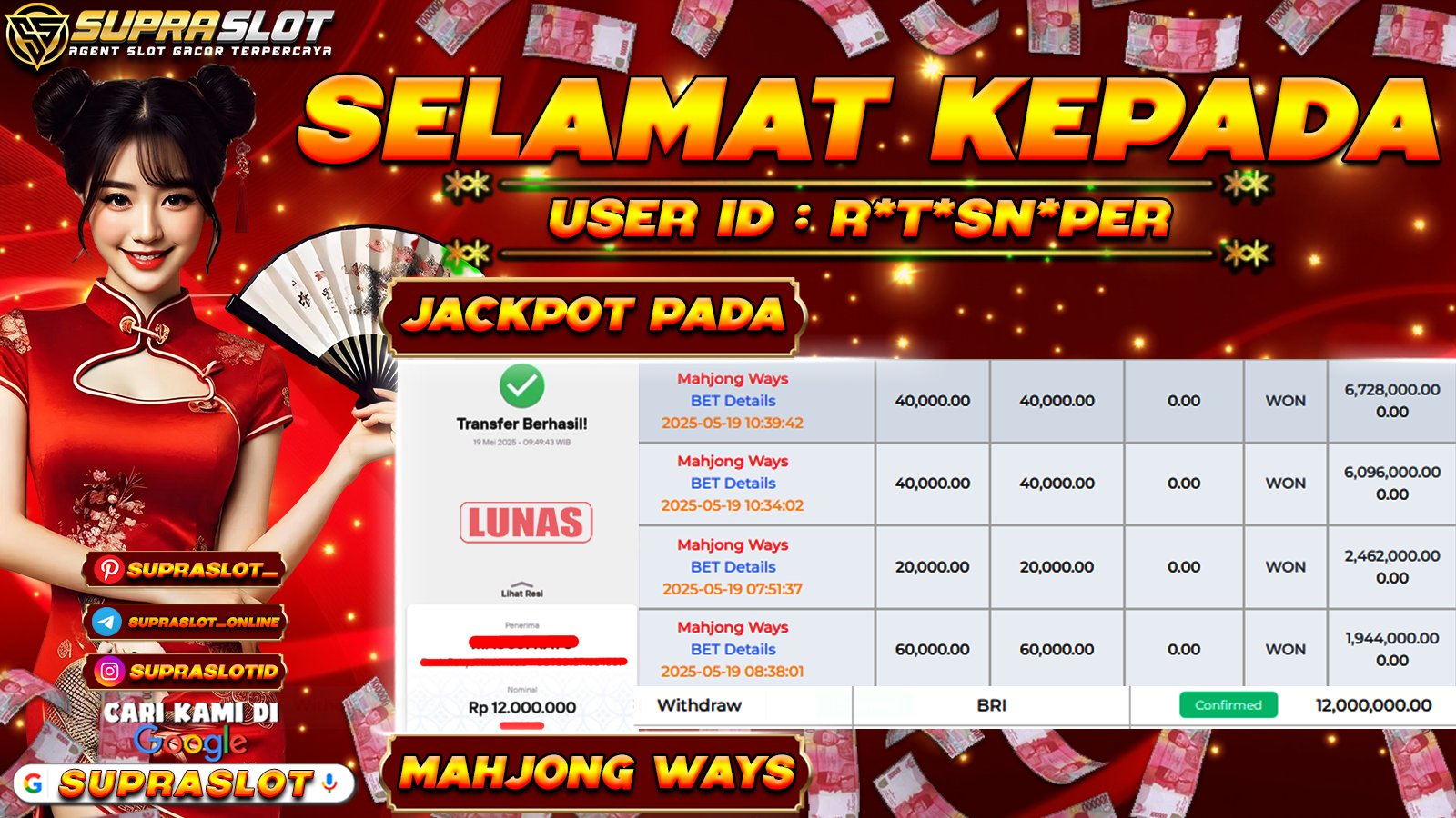 SUPRASLOT JACKPOT di SLOT MAHJONG WAYS Rp.12.000.000,- LUNAS