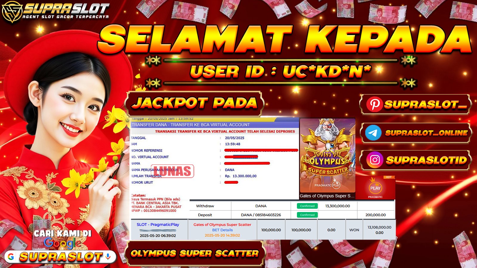 SUPRASLOT JACKPOT di SLOT GATES OF OLYMPUS SUPER SCATTER Rp.13.000.000,- LUNAS