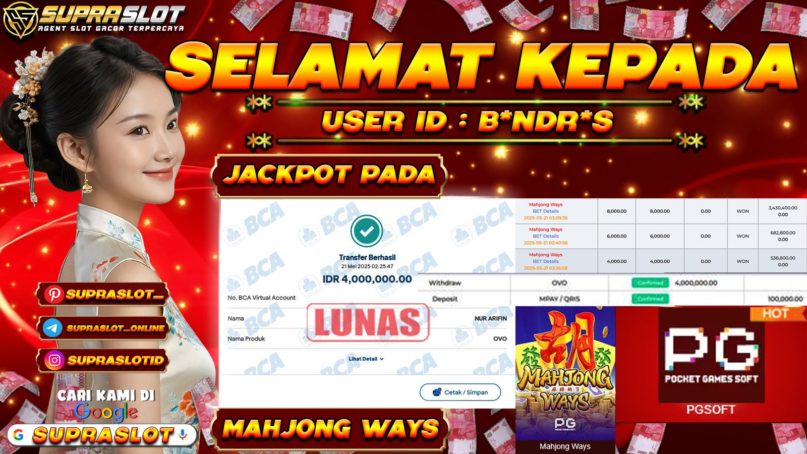 SUPRASLOT JACKPOT di SLOT MAHJONG WAYS Rp.4.000.000,- LUNAS