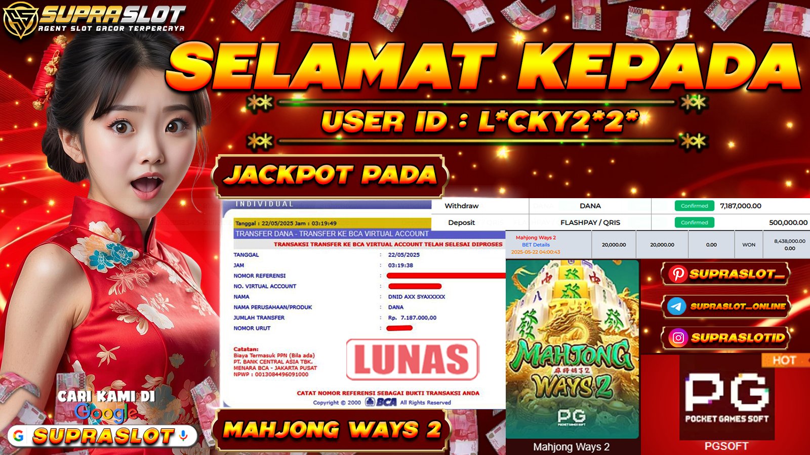 SUPRASLOT JACKPOT di SLOT MAHJONG WAYS 2 Rp.7.187.000,- LUNAS