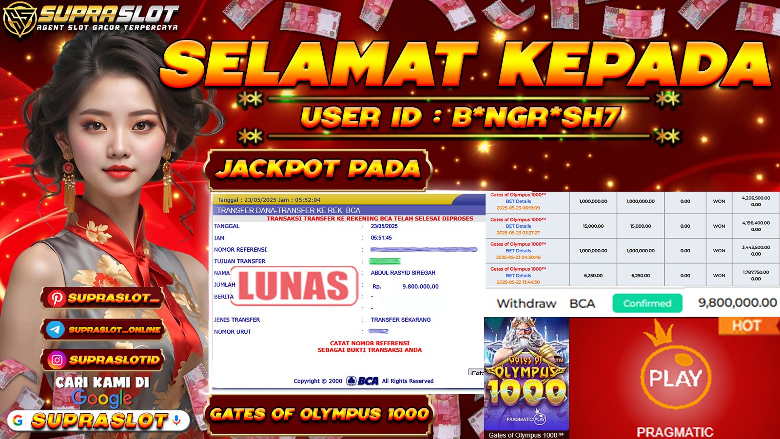 SUPRASLOT JACKPOT di SLOT GATES OF OLYMPUS 1000 Rp.9.800.000,- LUNAS