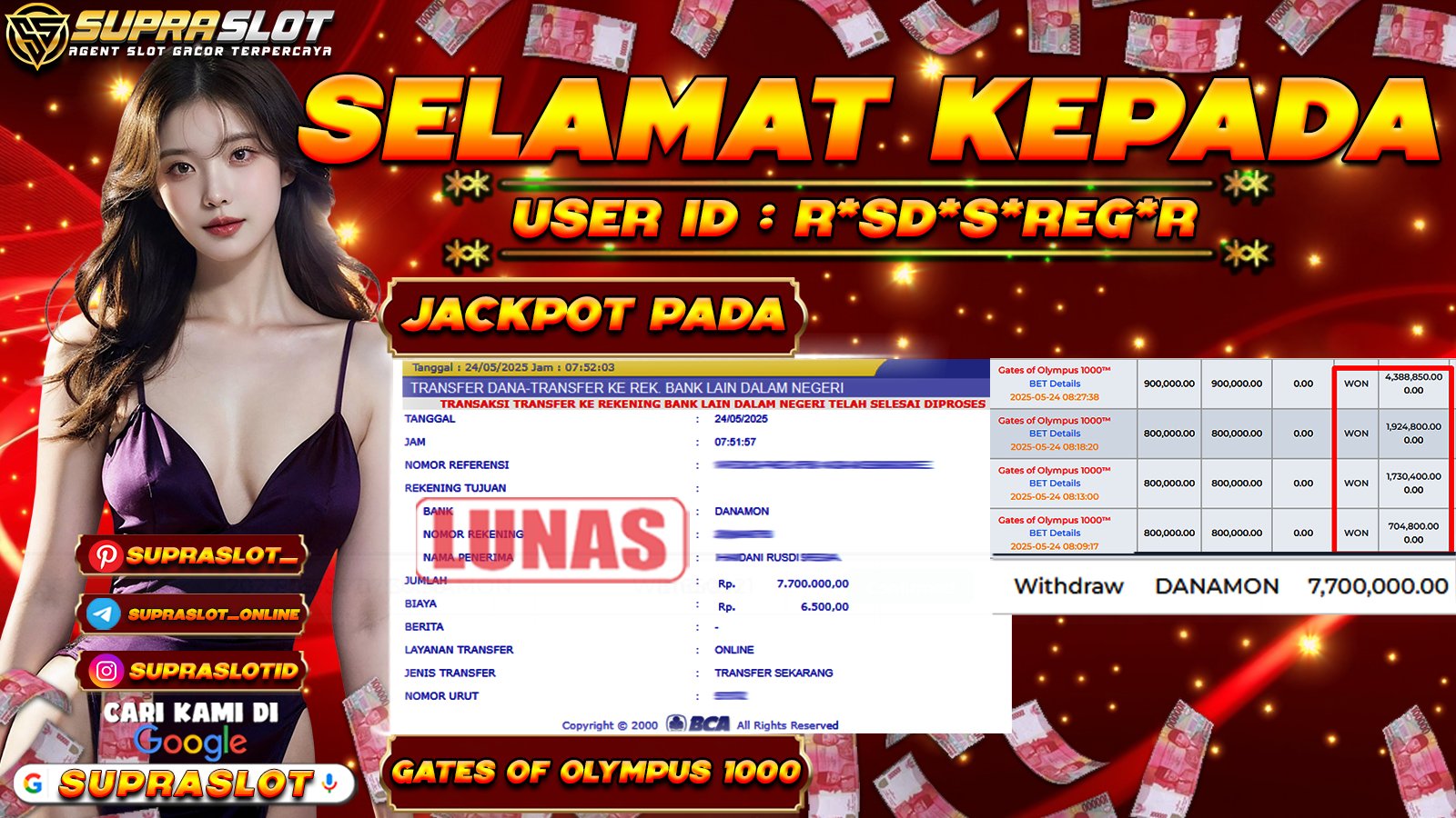 SUPRASLOT JACKPOT di SLOT GATES OF OLYMPUS 1000 Rp.7.700.000,- LUNAS