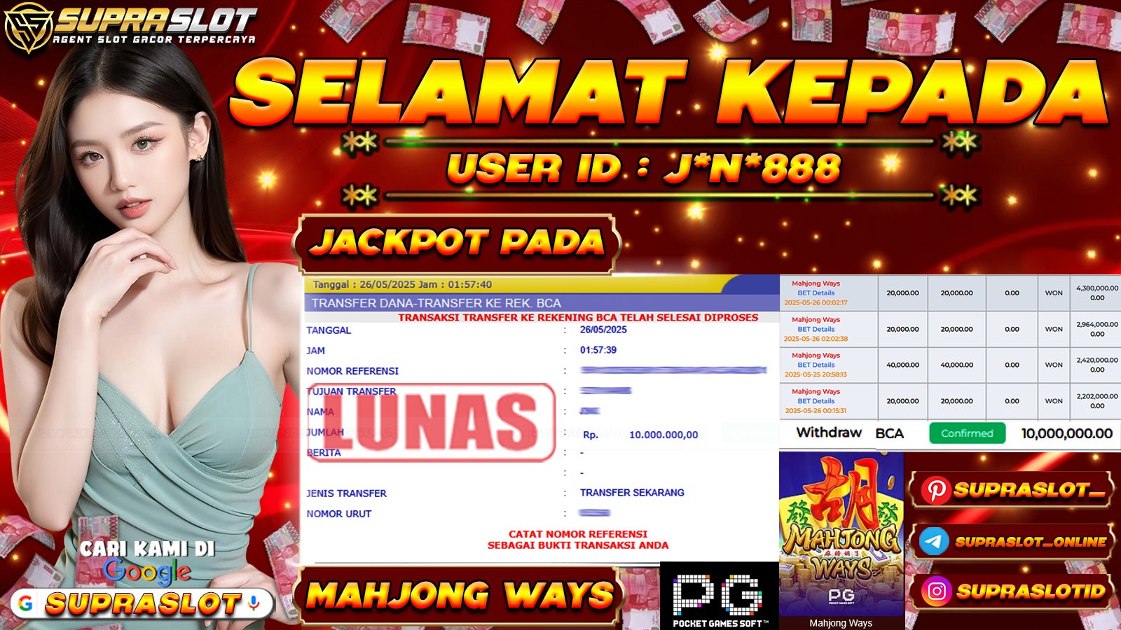 SUPRASLOT JACKPOT di SLOT MAHJONG WAYS Rp.10.000.000,- LUNAS