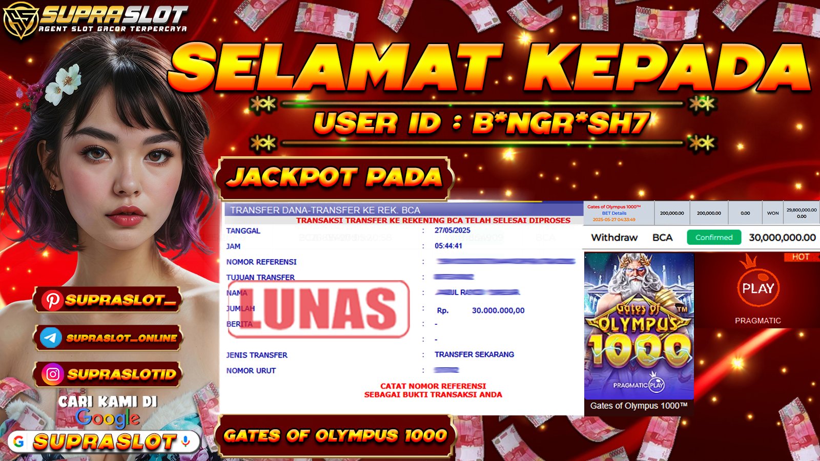 SUPRASLOT JACKPOT di SLOT GATES OF OLYMPUS 1000 Rp.30.000.000,- LUNAS
