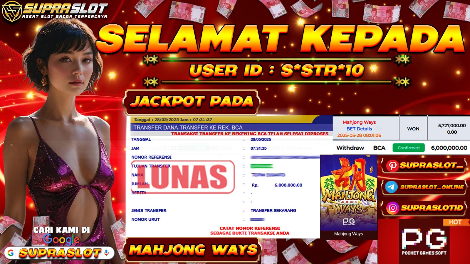 SUPRASLOT JACKPOT di SLOT MAHJONG WAYS Rp.6.000.000,- LUNAS