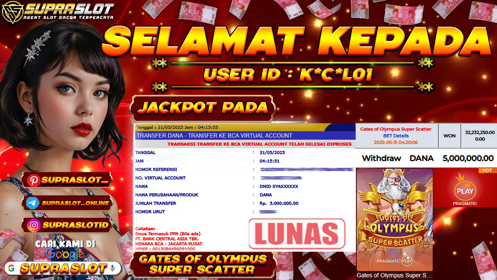 SUPRASLOT JACKPOT di SLOT GATES OF OLYMPUS SUPER SCATTER Rp.5.000.000,- LUNAS