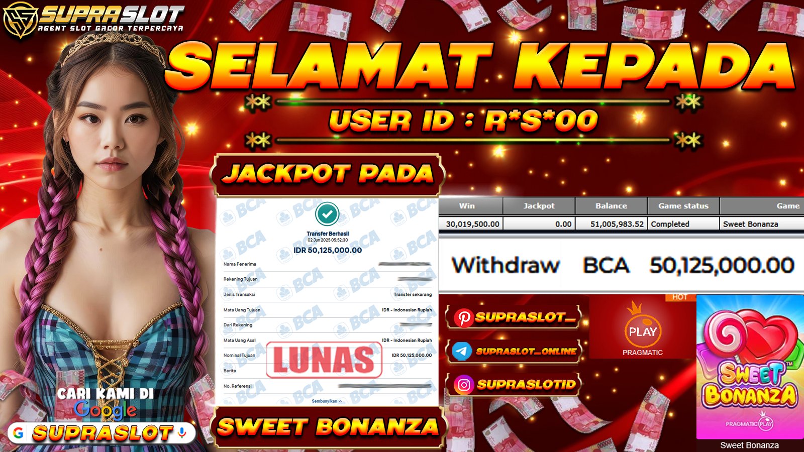 SUPRASLOT JACKPOT di SLOT SWEET BONANZA Rp.50.125.000,- LUNAS