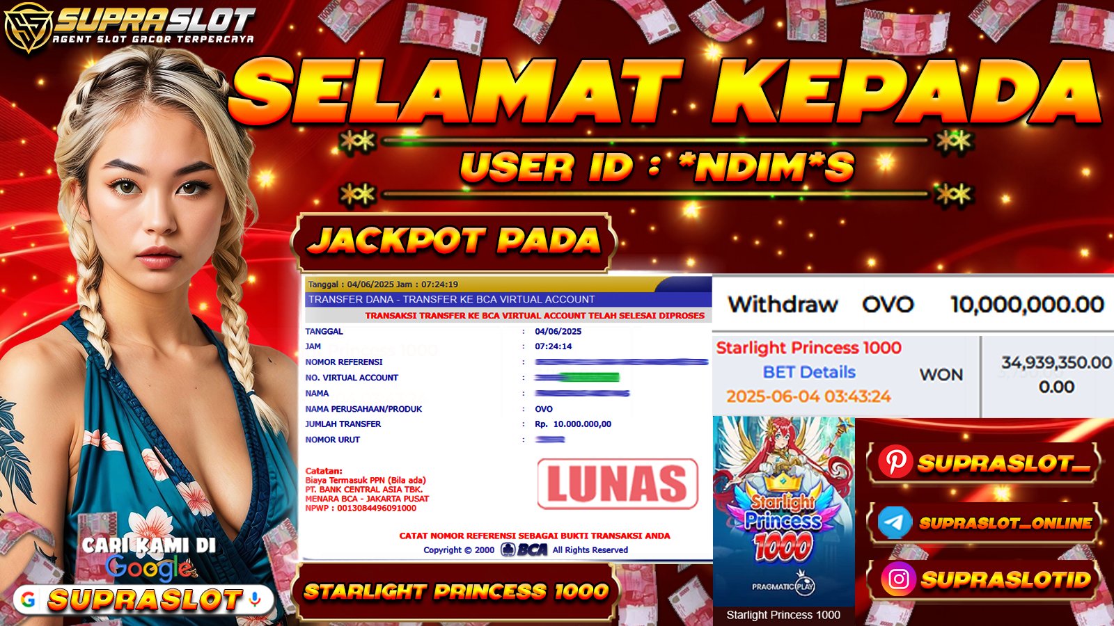 SUPRASLOT JACKPOT di SLOT STARLIGT PRINCESS 1000 Rp.34.939.350,- LUNAS