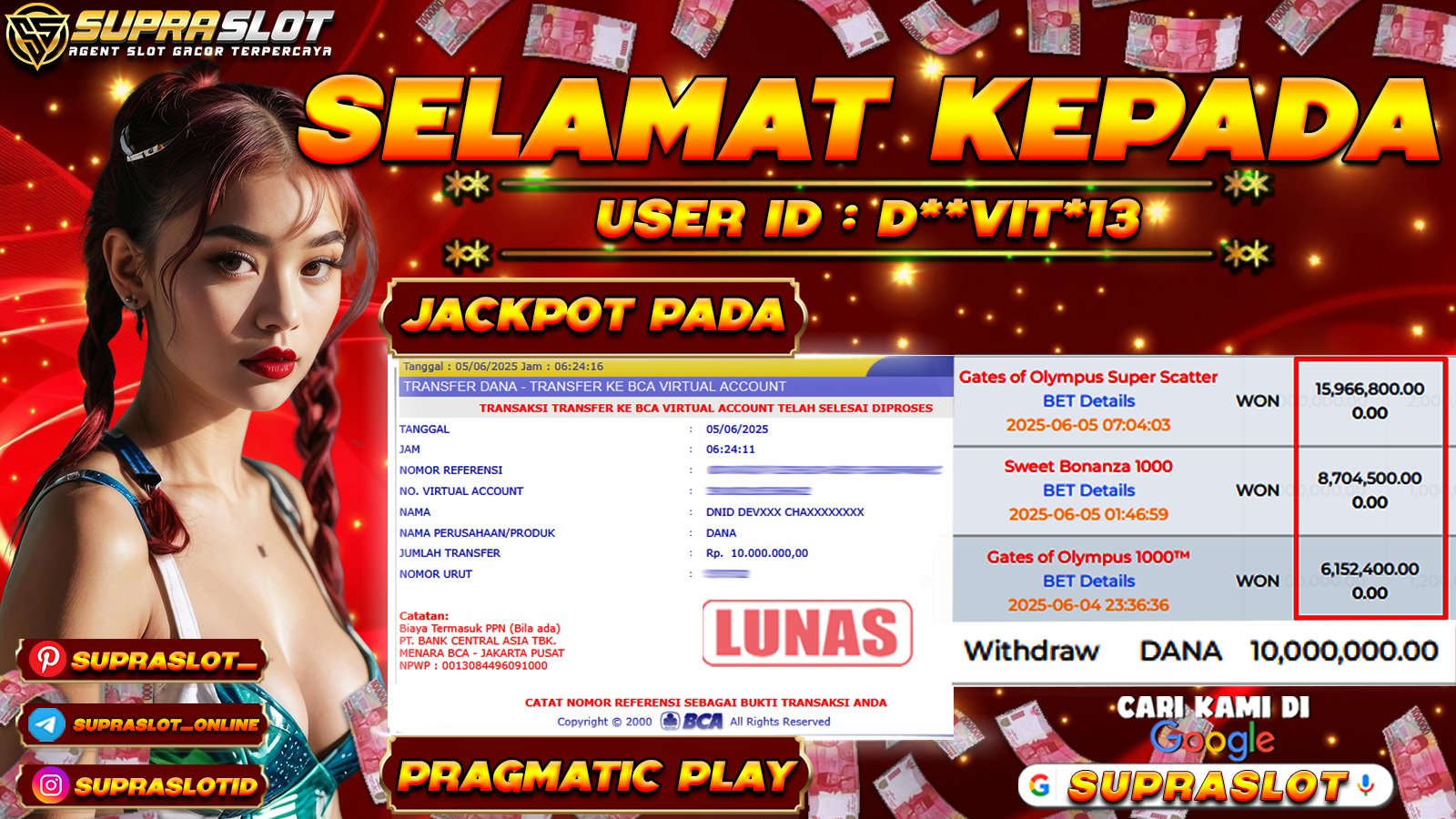 SUPRASLOT JACKPOT di 3 GAME PRAGMATIC SEKALIGUS !! TOTAL WIN Rp.30,823,700,- LUNAS