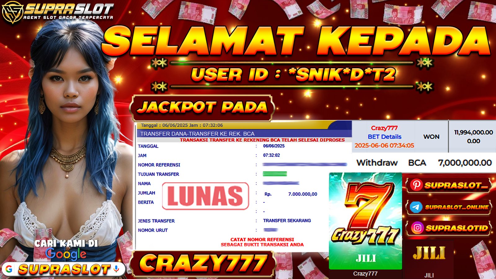 SUPRASLOT GOKIL JACKPOT di CRAZY777 TOTAL WIN Rp.7,000,000,- LUNAS