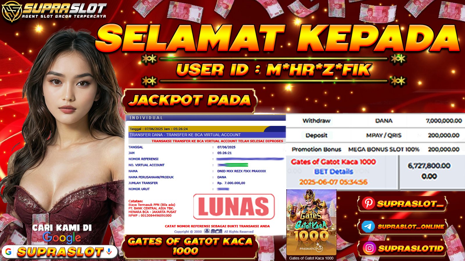 SUPRASLOT JACKPOT di SLOT GATES OF GATOTKACA 1000 Rp.6.000.000,- LUNAS
