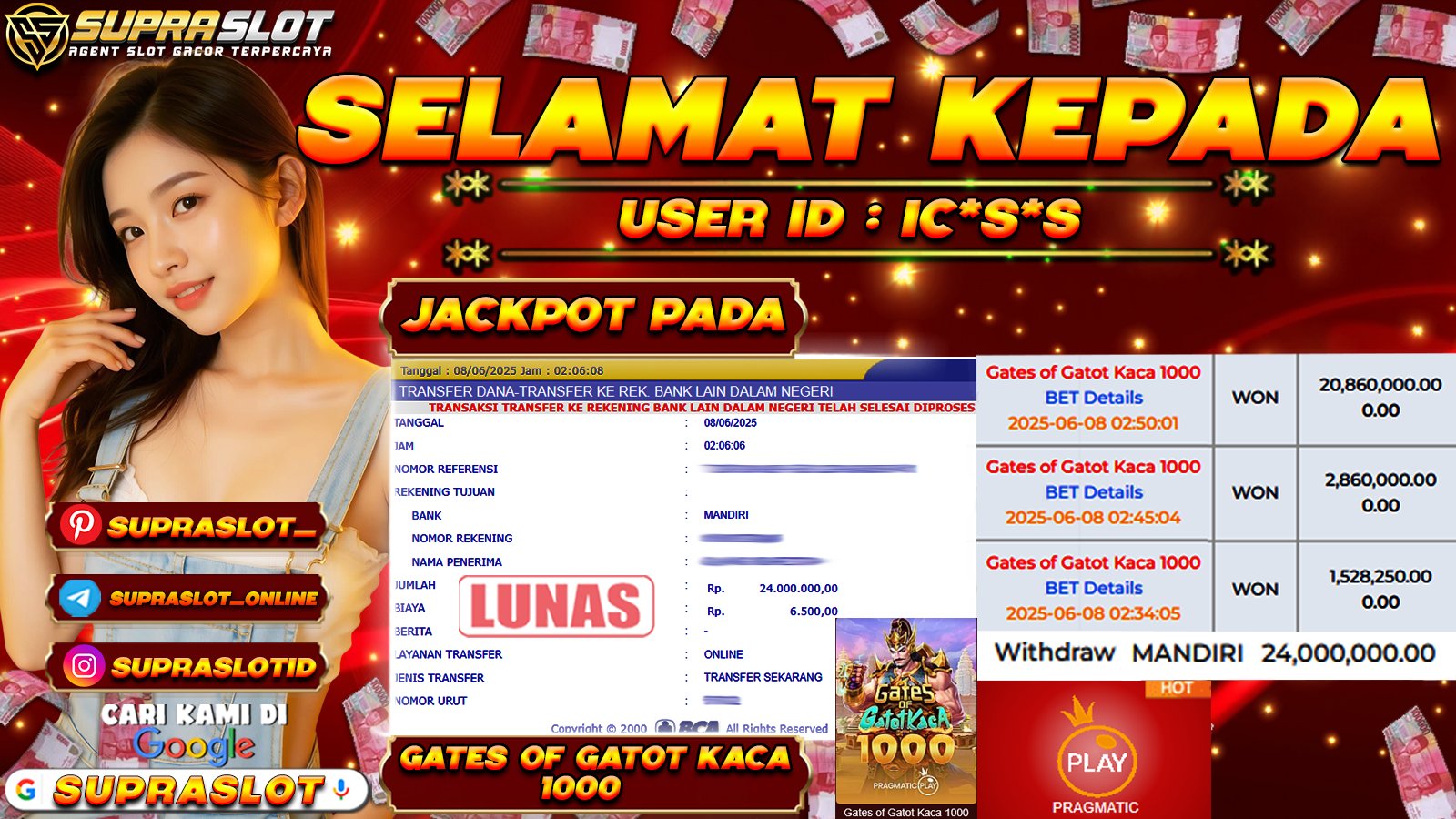 SUPRASLOT JACKPOT di SLOT GATES OF GATOT KACA 1000 Rp.32.000.000,- LUNAS