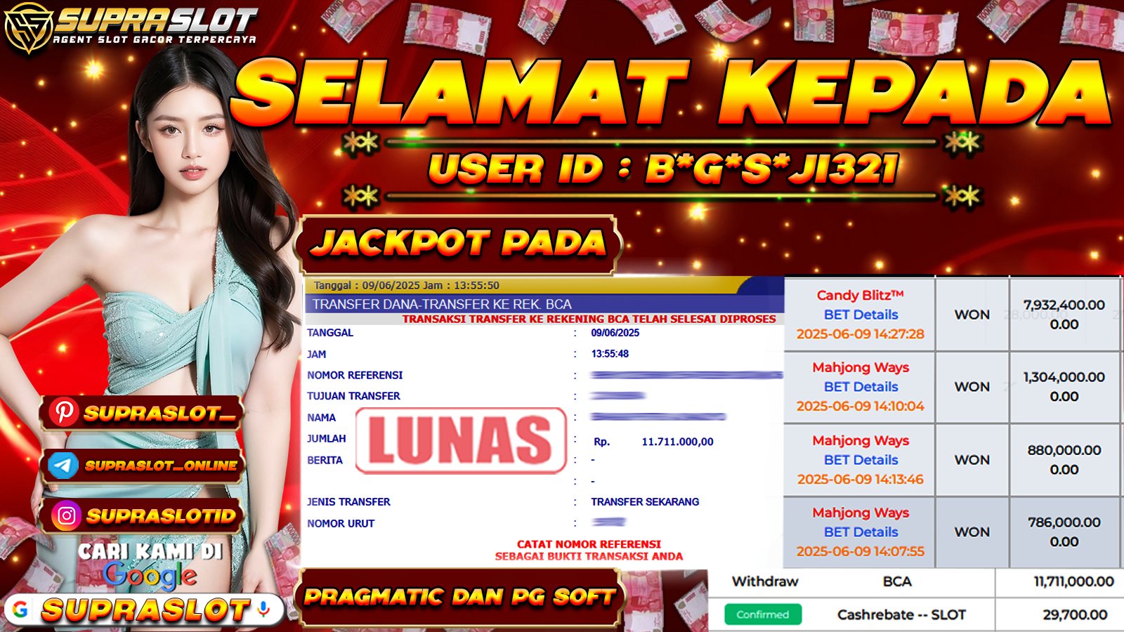 SUPRASLOT JACKPOT di SLOT PRAGMATIC DAN PG SOFT Rp.11.711.000,- LUNAS