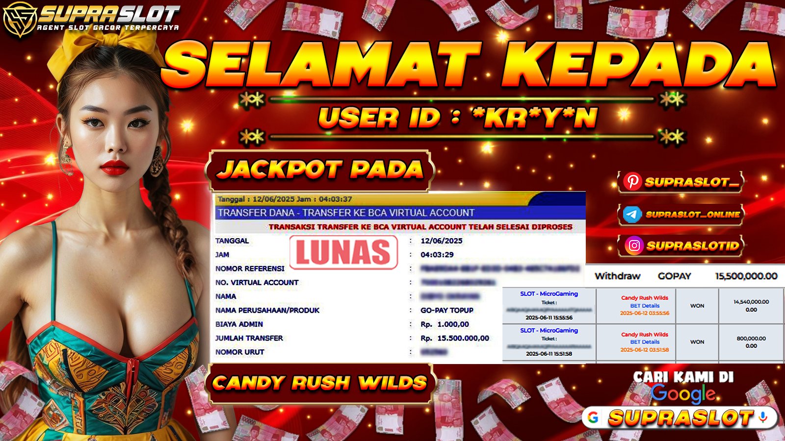 SUPRASLOT JACKPOT di SLOT PRAGMATIC DAN PG SOFT Rp.15.500.000,- LUNAS