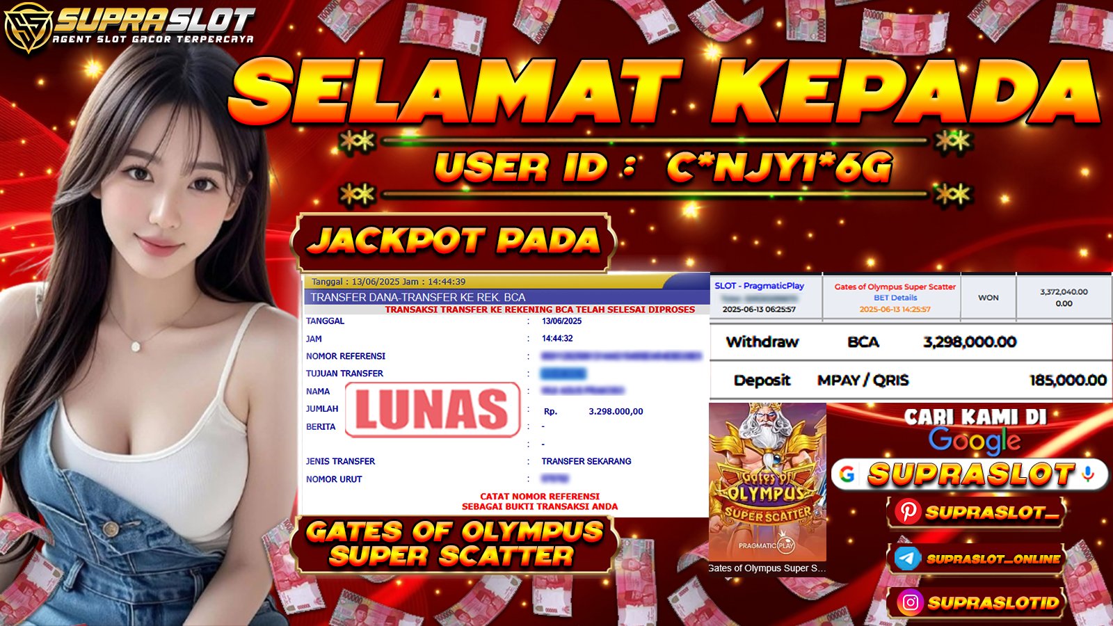 SUPRASLOT JACKPOT di SLOT GATES OF OLYMPUS SUPER SCATTER Rp.3.298.000,- LUNAS