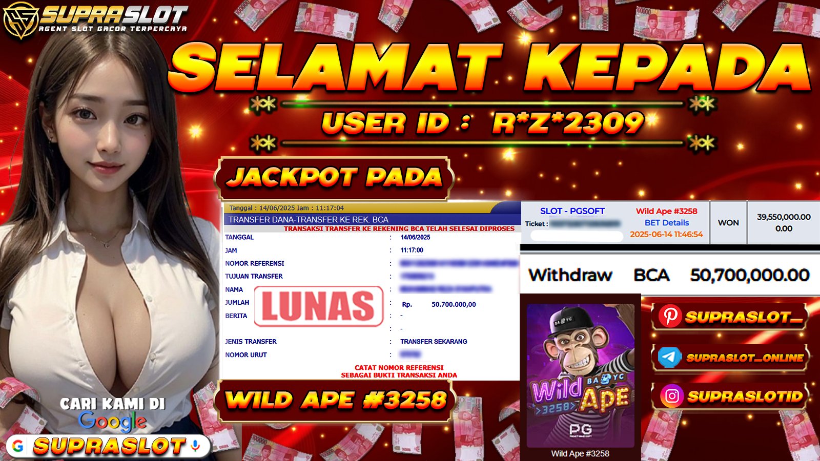 SUPRASLOT JACKPOT di WILD APE #3258 Rp.50.700.000,- LUNAS