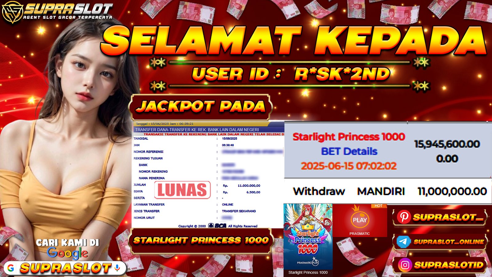 SUPRASLOT JACKPOT di SLOT STARLIGT PRINCESS 1000 Rp.11.000.000,- LUNAS