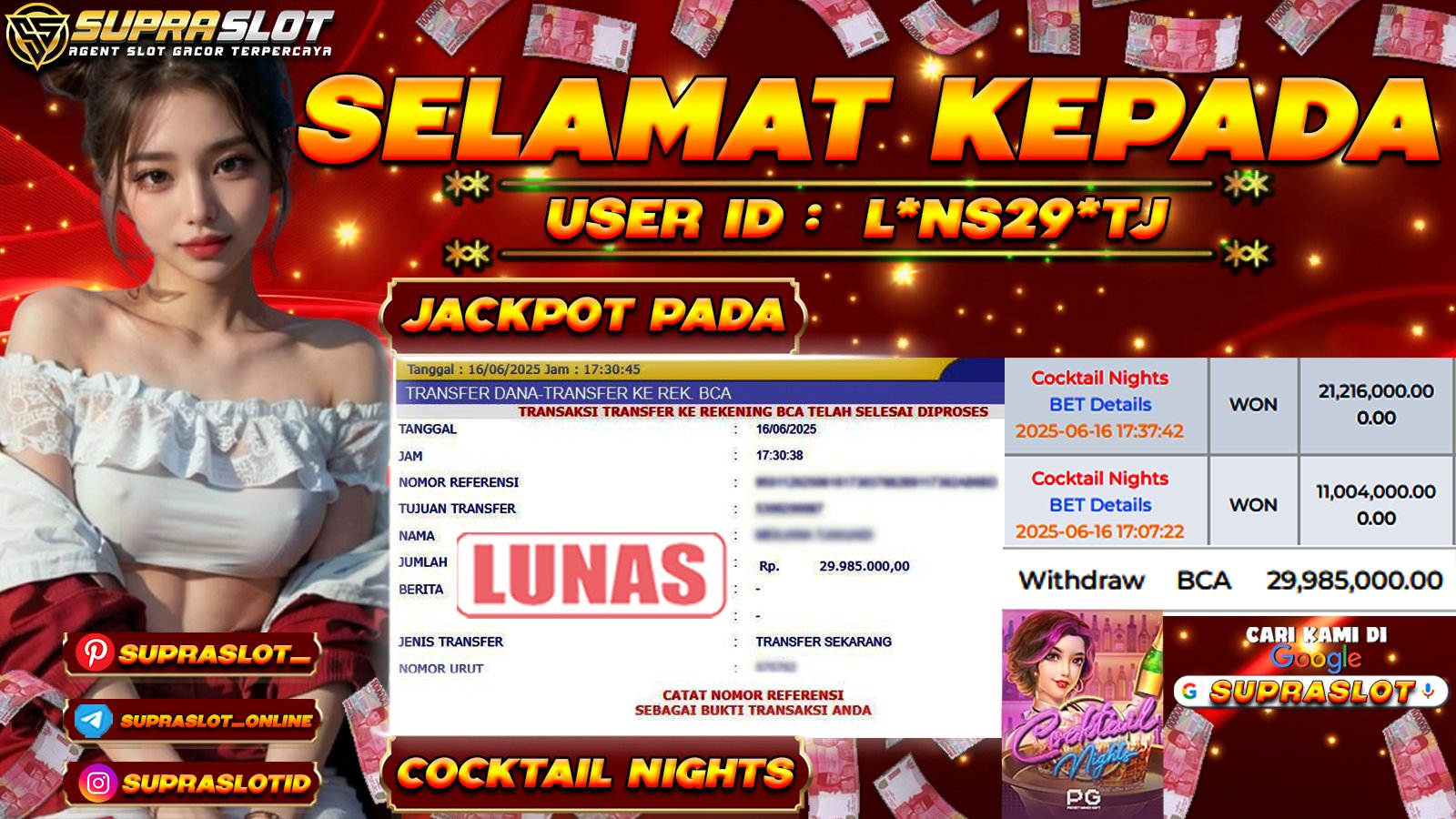 SUPRASLOT JACKPOT di SLOT COCKTAIL NIGHTS Rp.29.985.000,- LUNAS