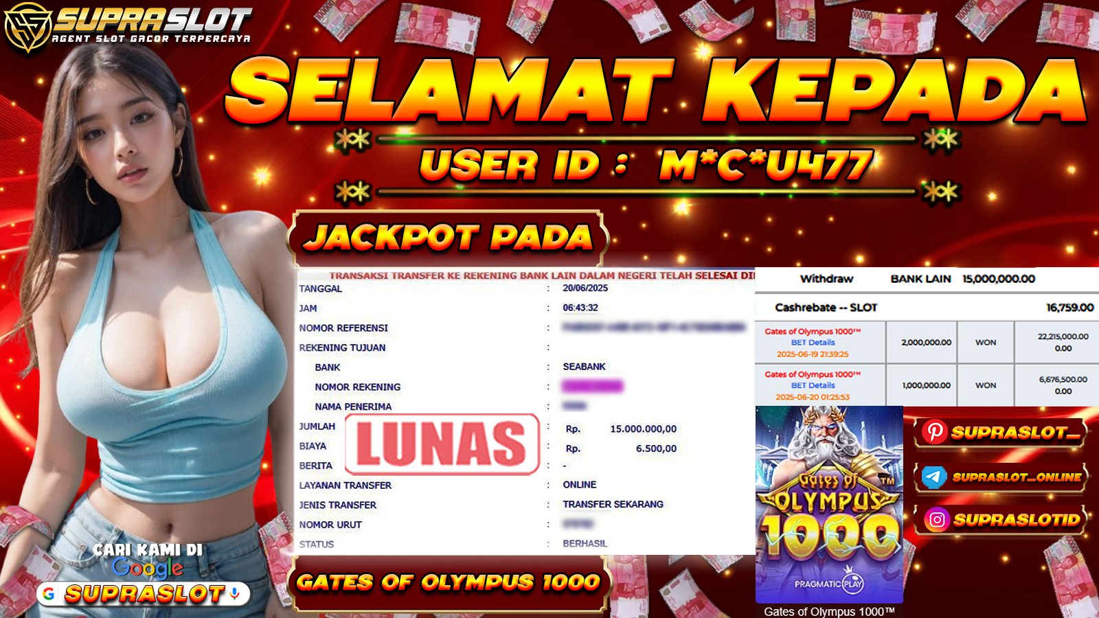 SUPRASLOT JACKPOT di SLOT GATES OF OLYMPUS 1000 Rp.15.000.000,- LUNAS