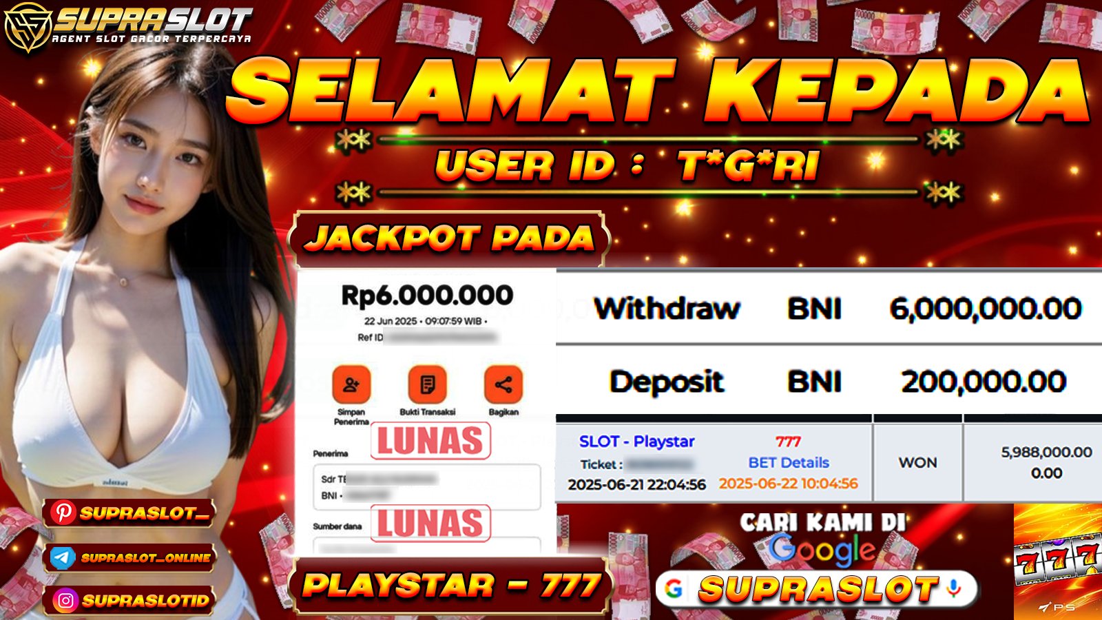 SUPRASLOT GOKIL JACKPOT di PLAYSTAR-777 TOTAL WIN Rp.6,000,000,- LUNAS