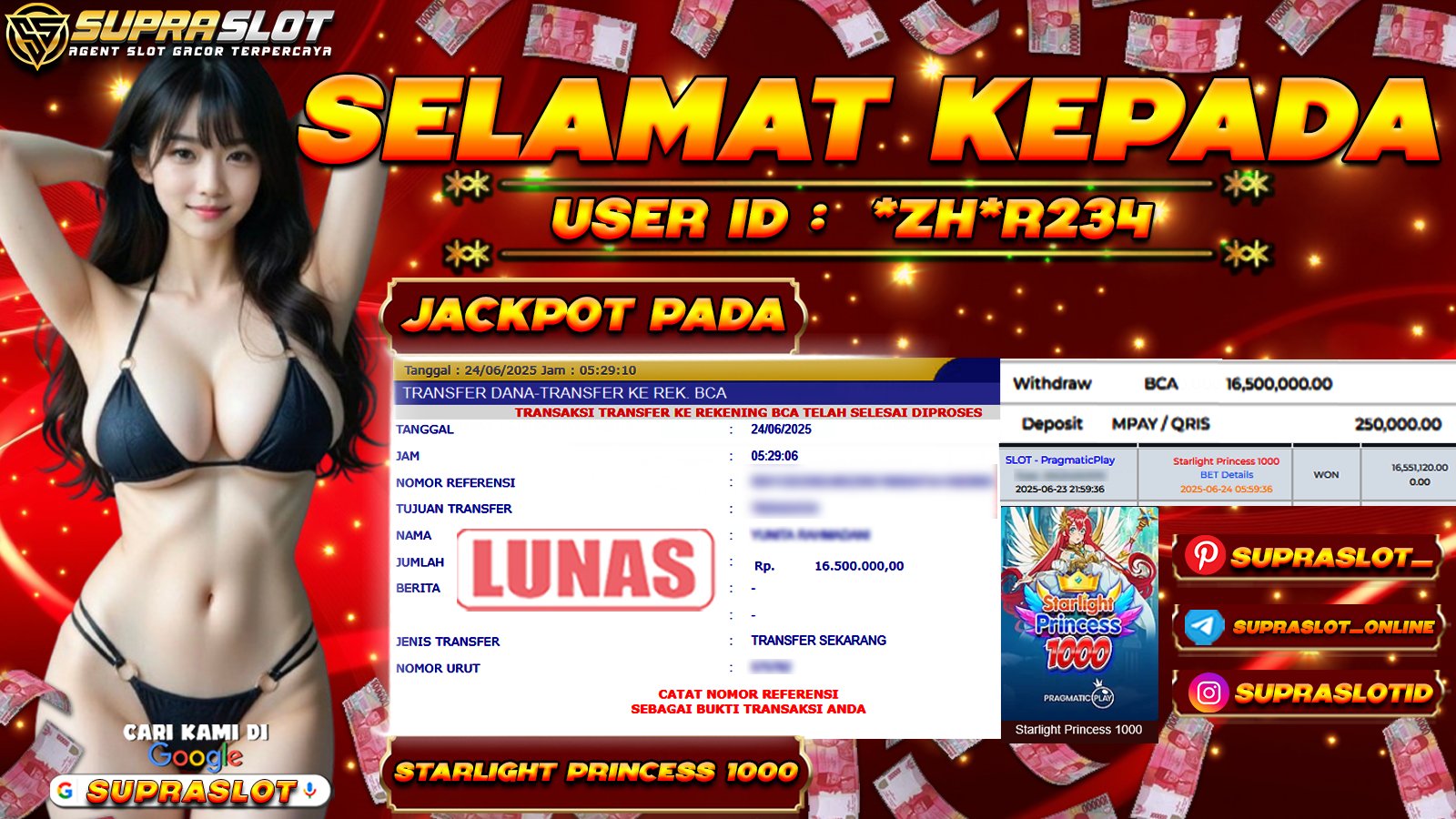 SUPRASLOT JACKPOT di SLOT STARLIGT PRINCESS 1000 Rp.16.500.000,- LUNAS